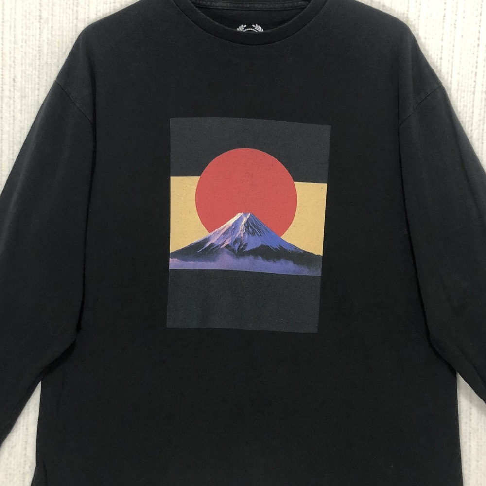 TeePublic Mens XL Black‎ Long Sleeve Mount Fuji Red Sun Graphic T-Shirt Cotton